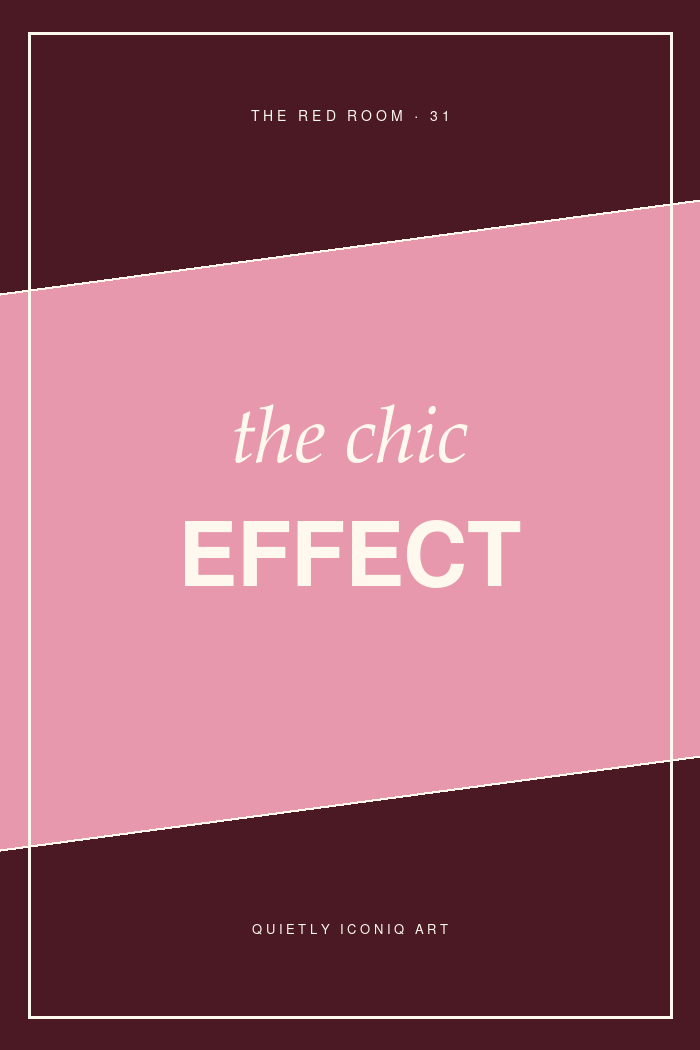 Graphic burgundy and pink typography print reading the chic effect